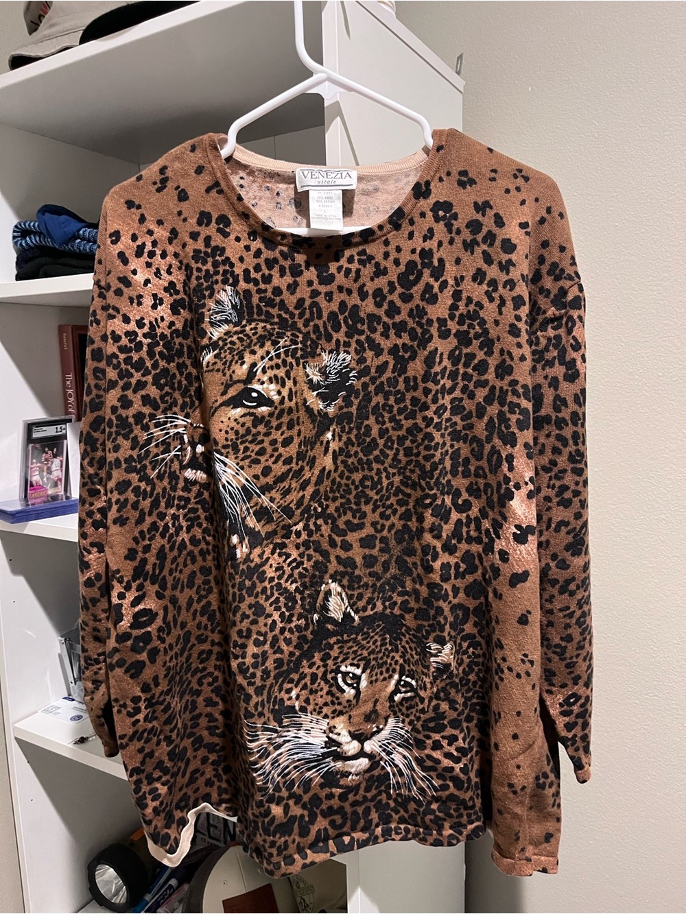 Vintage Venezia Brown Leopard Print Long Sleeve Top with Cheetah Faces